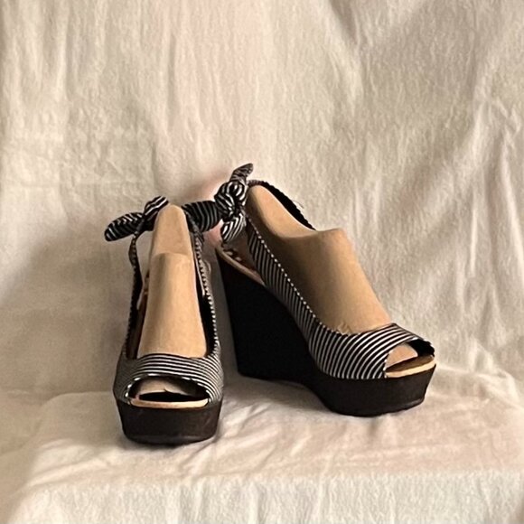 Rocketdog Black/White Stripe Black Denim Wedge Sandals - Picture 1 of 9